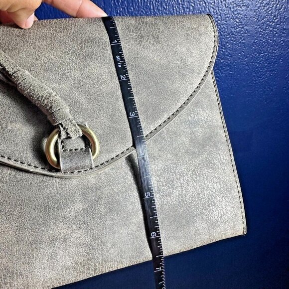 Anthropologie Grey Olive Leather Envelope Flap Pouch Clutch Purse Bag Magnetic - Picture 4 of 8